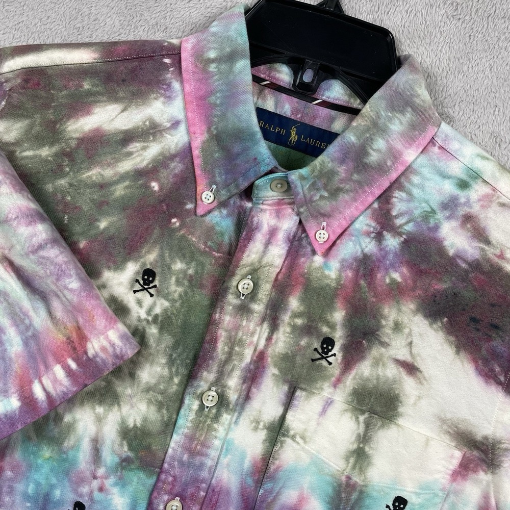 Ralph‎ Lauren Shirt Mens Medium Skull Tie Dye RLPC Short Sleeve Button Down